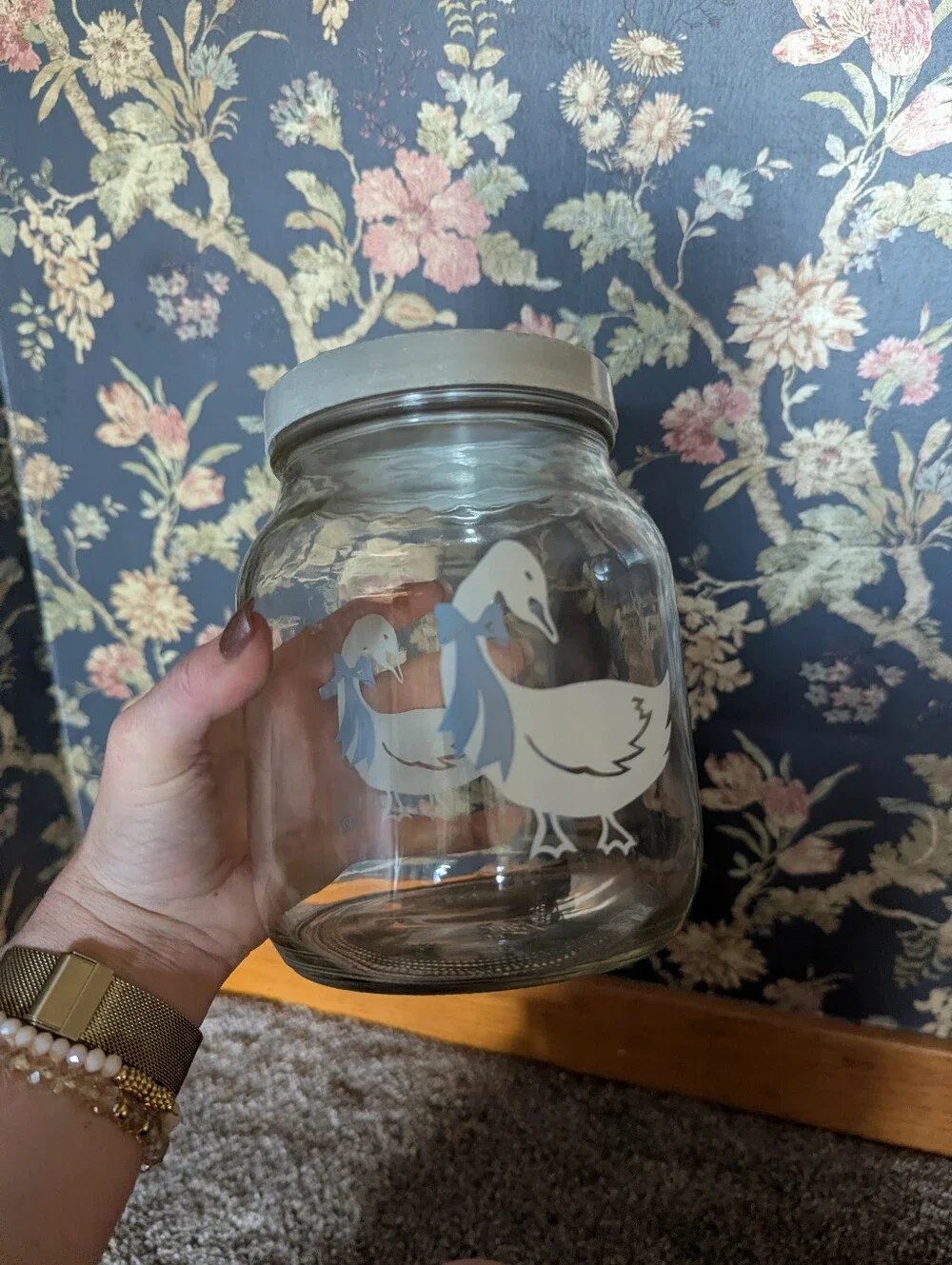 Vintage Ball Glass Storage Jars with Duck Bow Motifs Grannycore